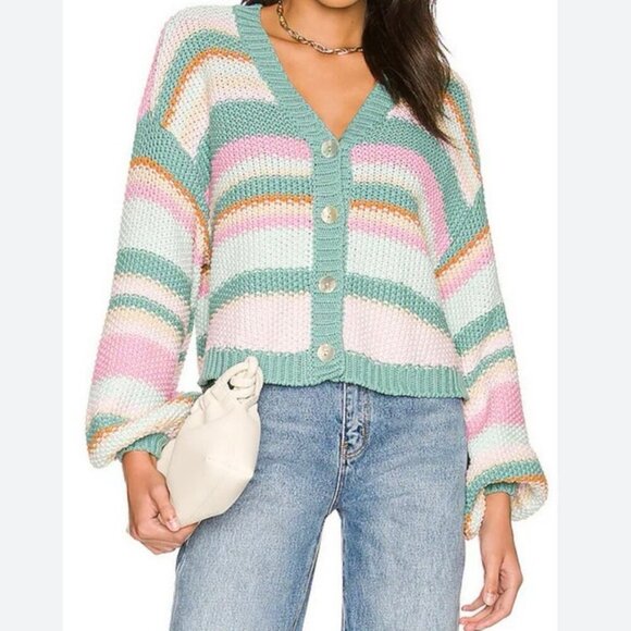 Show Me Your Mumu Good Karma Sherbert Stripe Knit Cardigan Size Large Pink Green - Picture 2 of 11